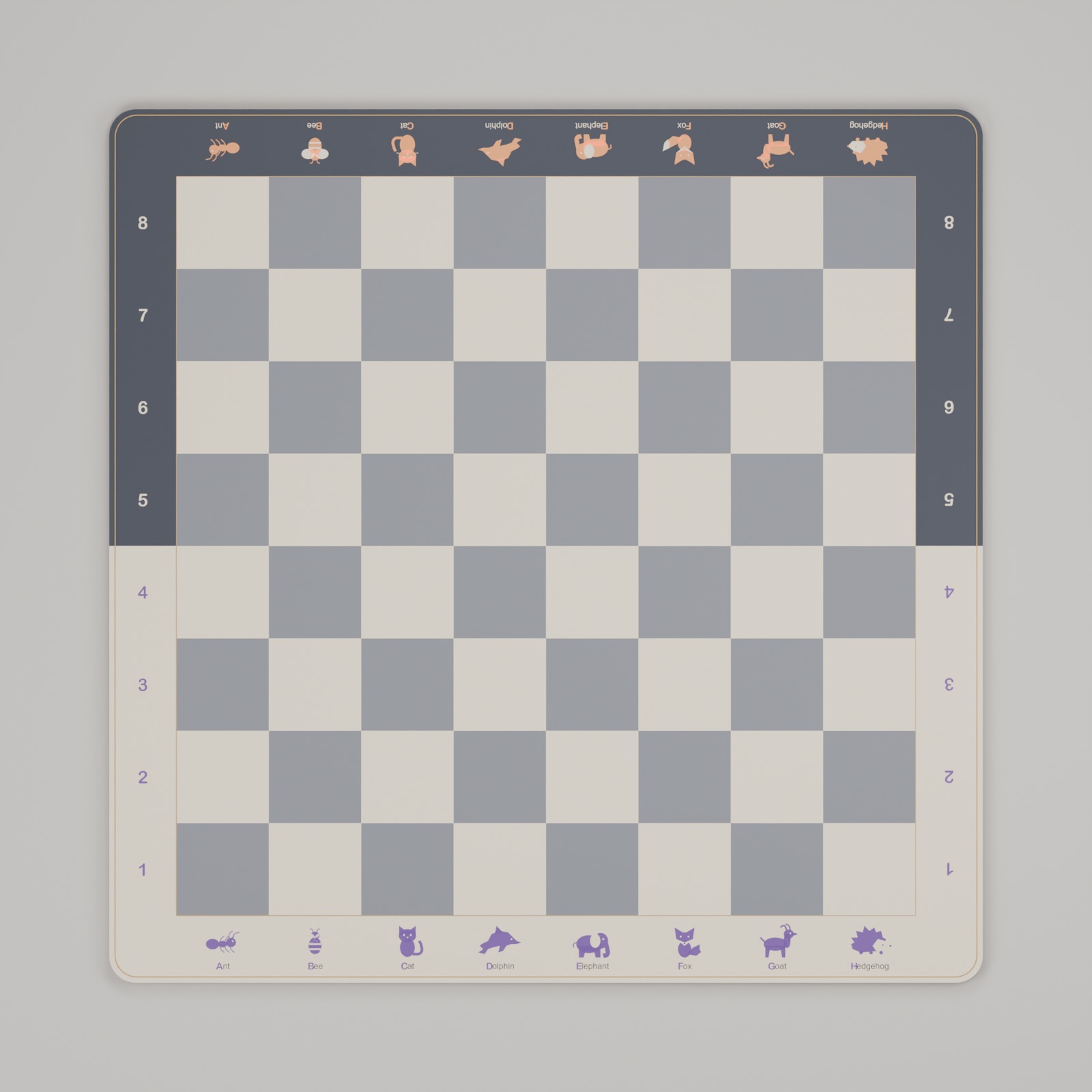 Animalumeric board with eight animal columns at both ends and rows numbered one to eight