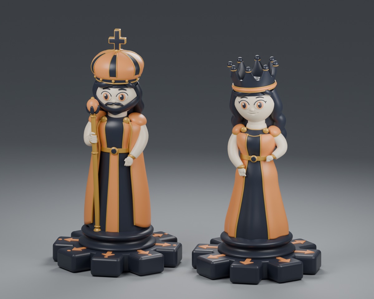 The Cosmos King and Queen: graphite pieces with orange accents, gold details and orange movement clues on their bases.