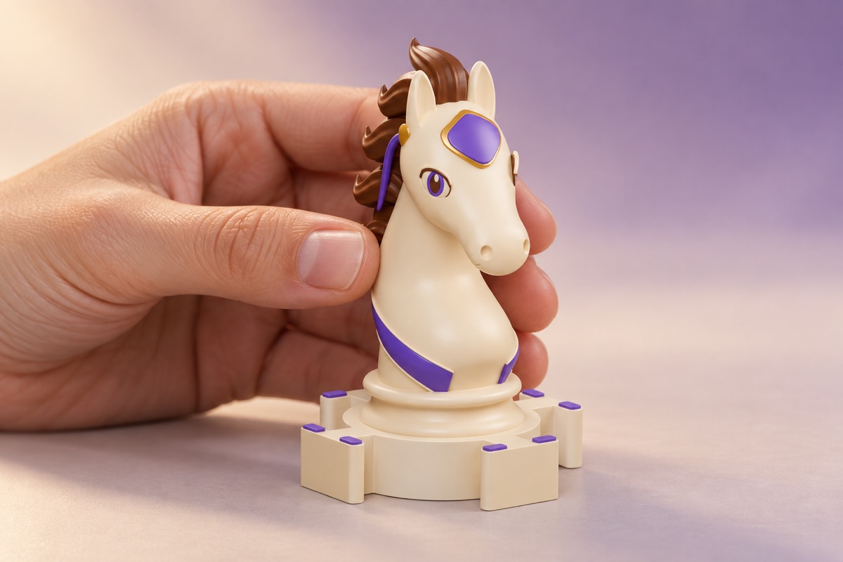 Illustrative adult hand holding the ivory-and-violet Knight, showing its intended scale