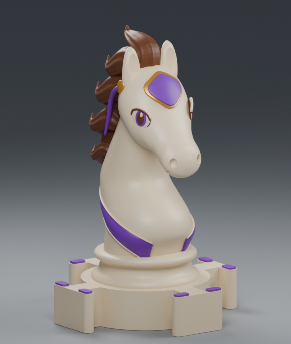 Large view of the ivory-and-violet Knight with sculpted mane, expressive face and eight violet destination markers around its base